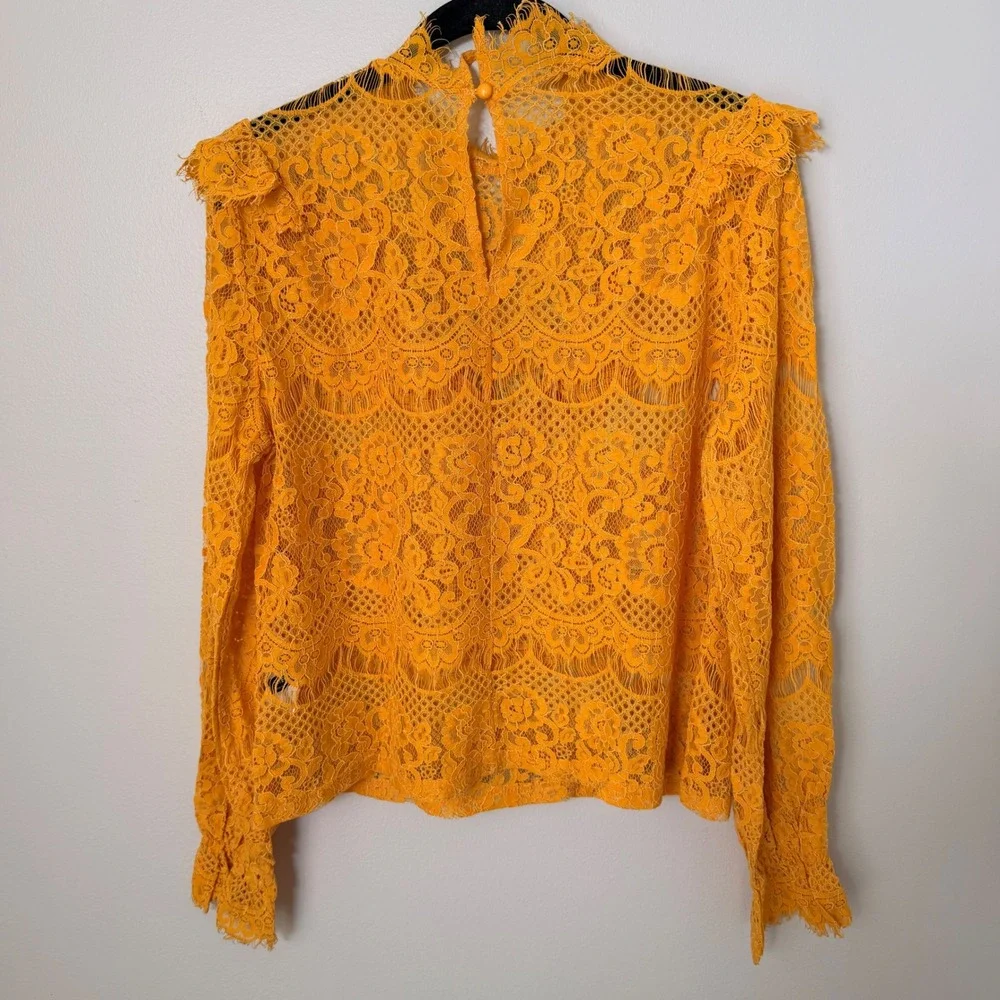 Golden Yellow Sheer Floral Lace Blouse Victorian Romantic‎ Boho Festival Top MED